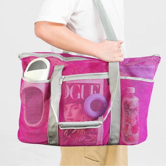 NWT Msaaex Pink Beach Bag Mesh Beach Bags with 9 Pockets Large Beach Tote - Picture 5 of 6
